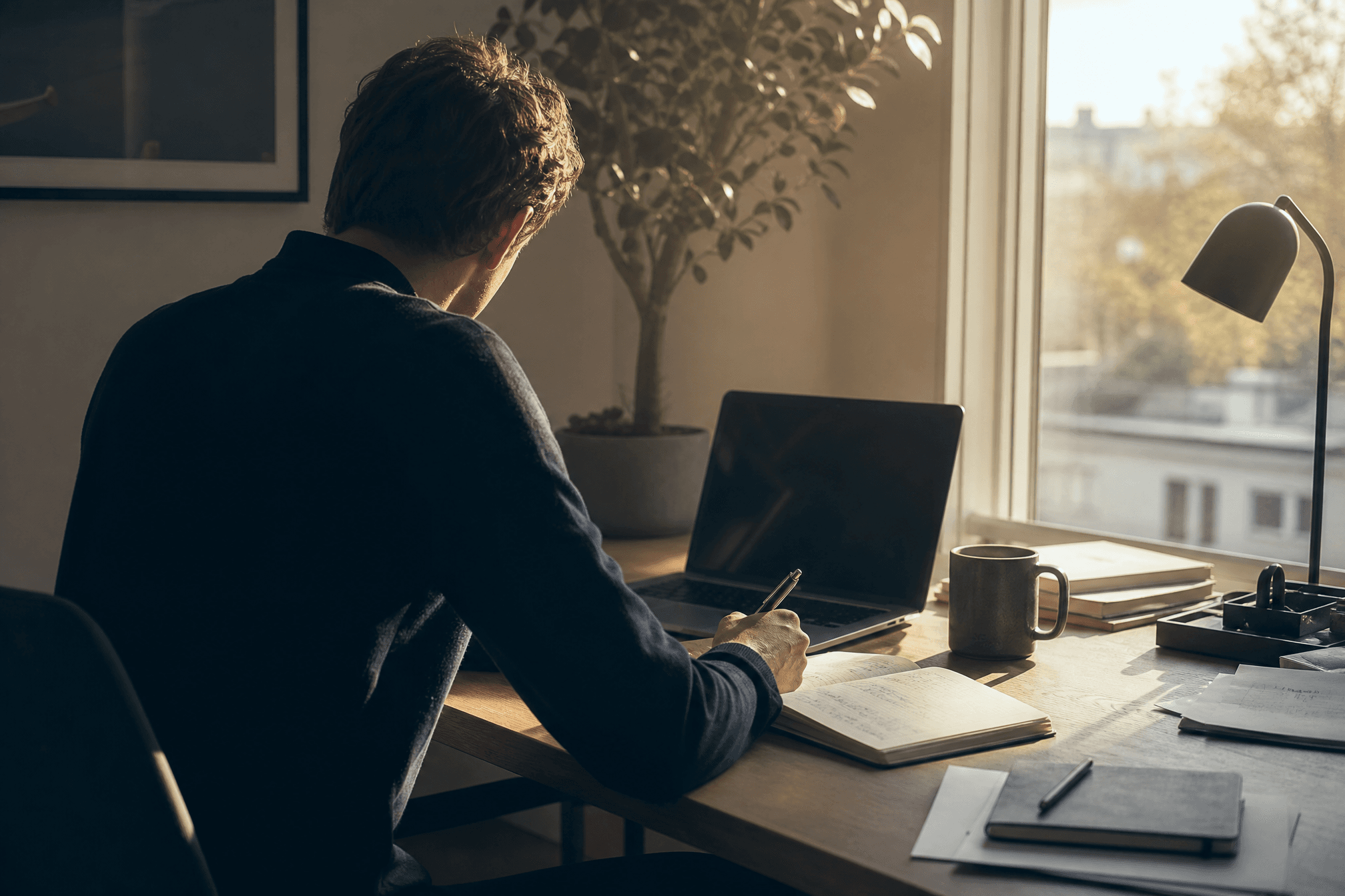 A founder writing at a tidy desk